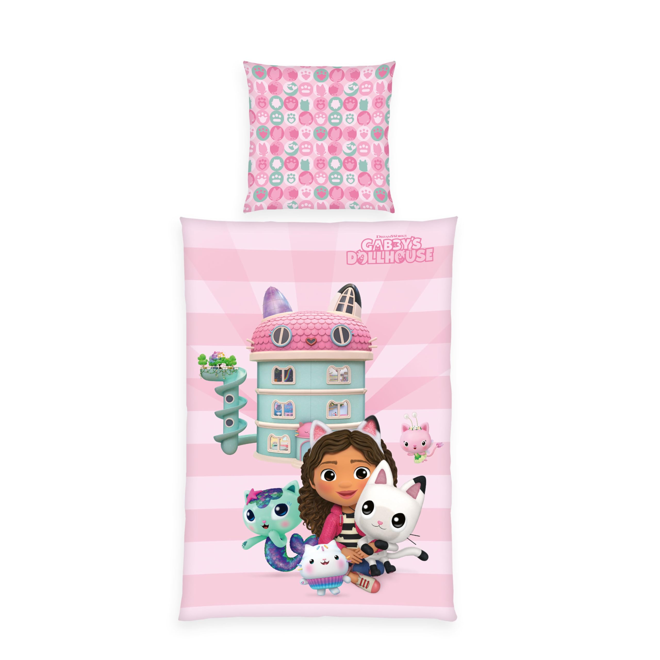 Klaus Herding GmbH Gabby's Dollhouse Bed Linen, Pillowcase Approx. 80 x 80 cm, Duvet Cover Approx. 135 x 200 cm, with Smooth Zip, 100% Cotton, Renforcé