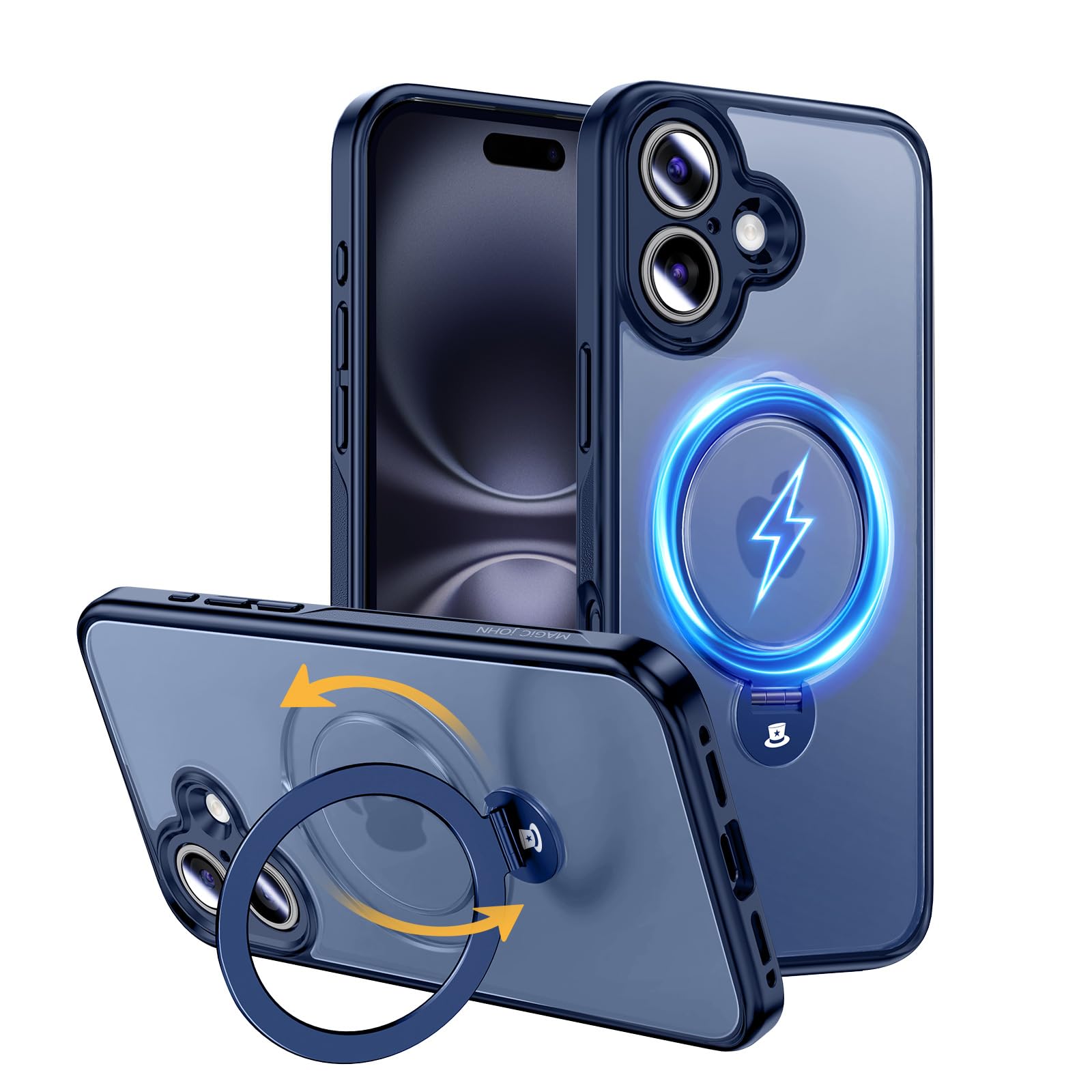 MAGIC JOHN for iPhone 16 Plus Case [Compatible with Magsafe] [with Magnetic Metal Stand][Military Grade Shockproof][Anti Yellowing],Translucent Matte Back with Soft Edge, Blue