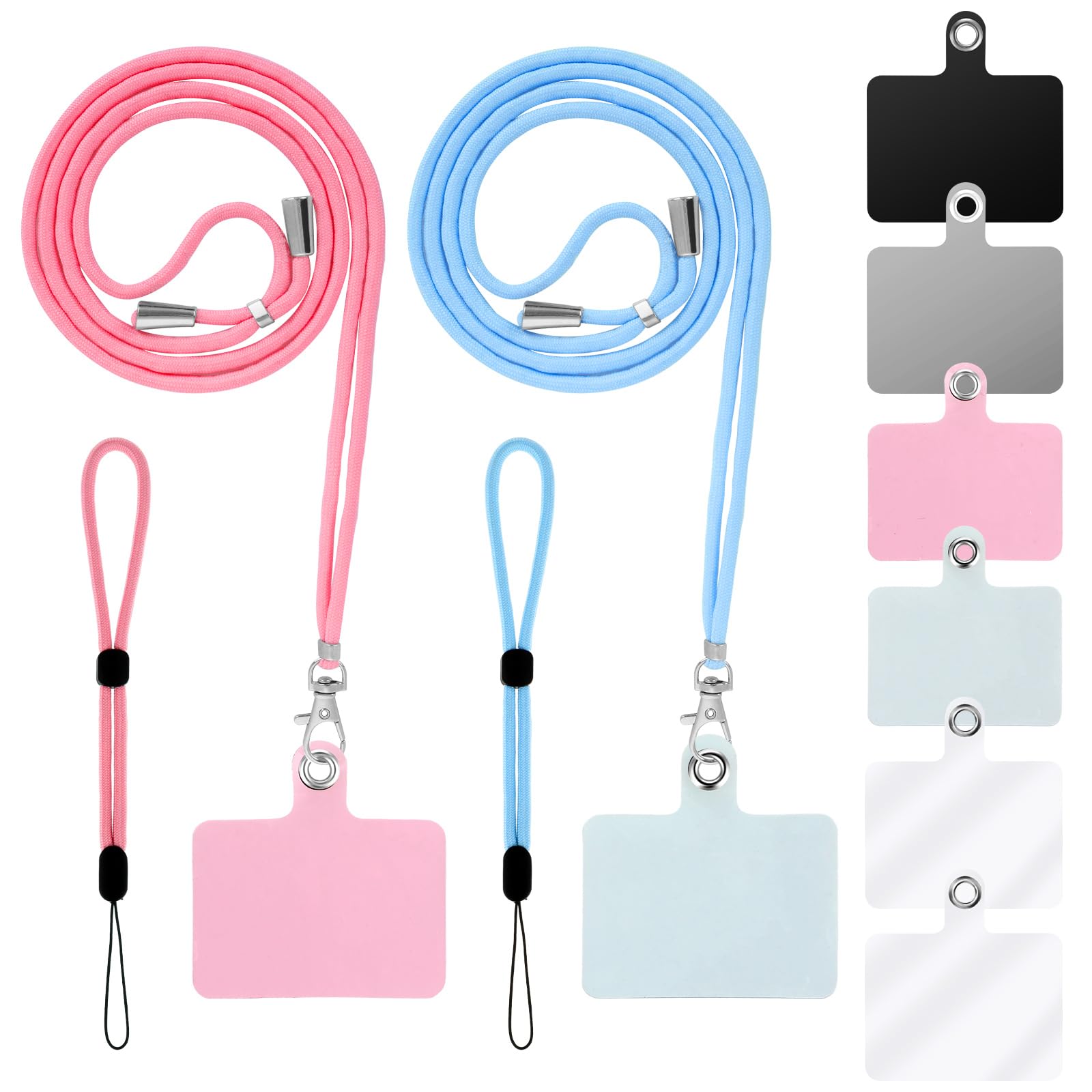 Cobee Cell Phone Lanyard, 2pcs Neck Lanyard + 2pcs Wrist Lanyard Strap + 6pcs Phone Tether Tabs, Nylon Crossbody Lanyard Wristlet Straps PVC Tether Pads for Safety Drop Protection(Blue, Pink)