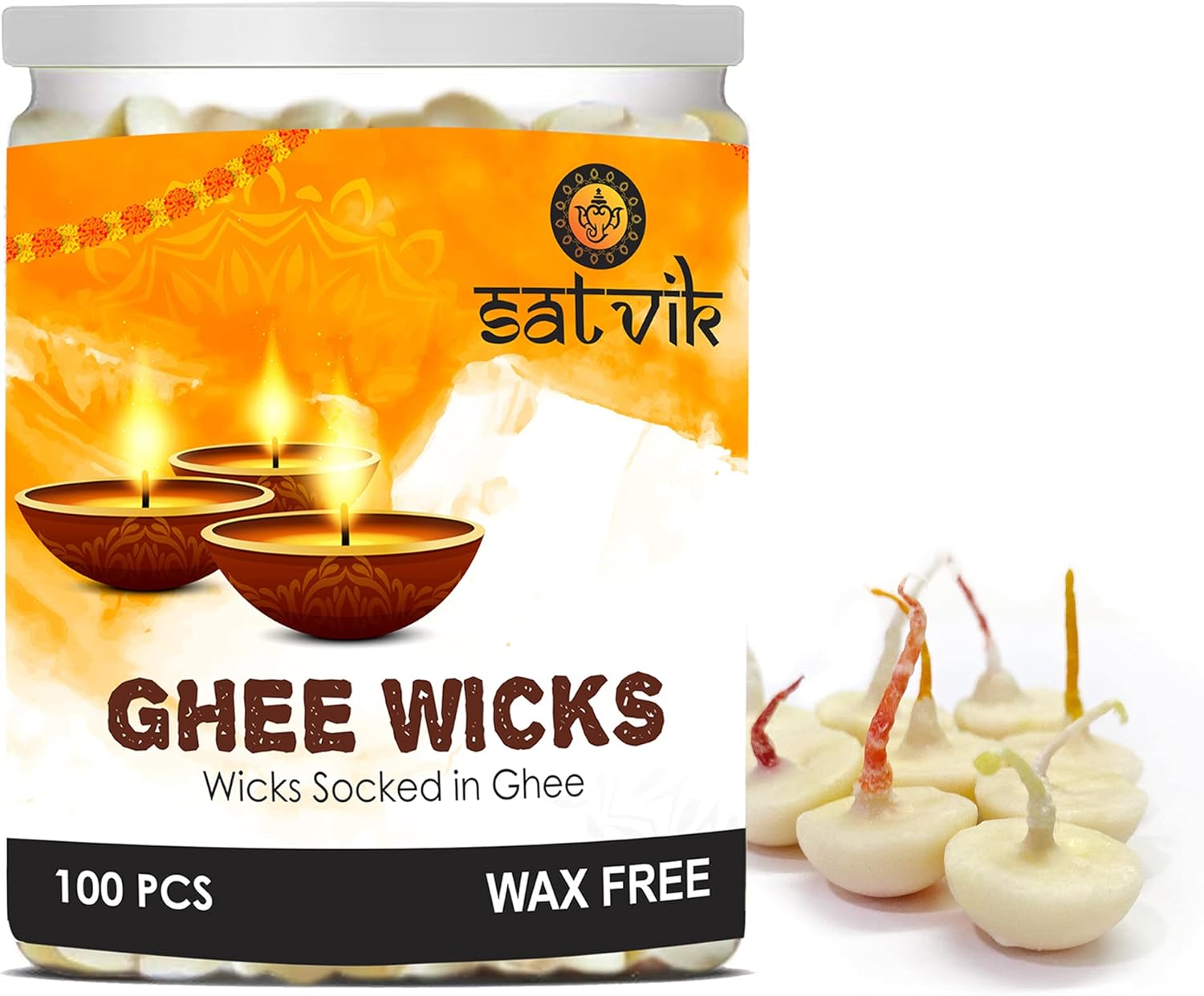Oil Lamps & Accessories - SATVIK 100 Pc Pure Ghee Wicks for Puja (Upto 30 Mins) Pooja Home and Mandir. Nitya Pujan Readymade Ghee Jyot Jyoti Pujan Indian Housewarming Return Gift Items Accessories. Diwali Cotton Wicks