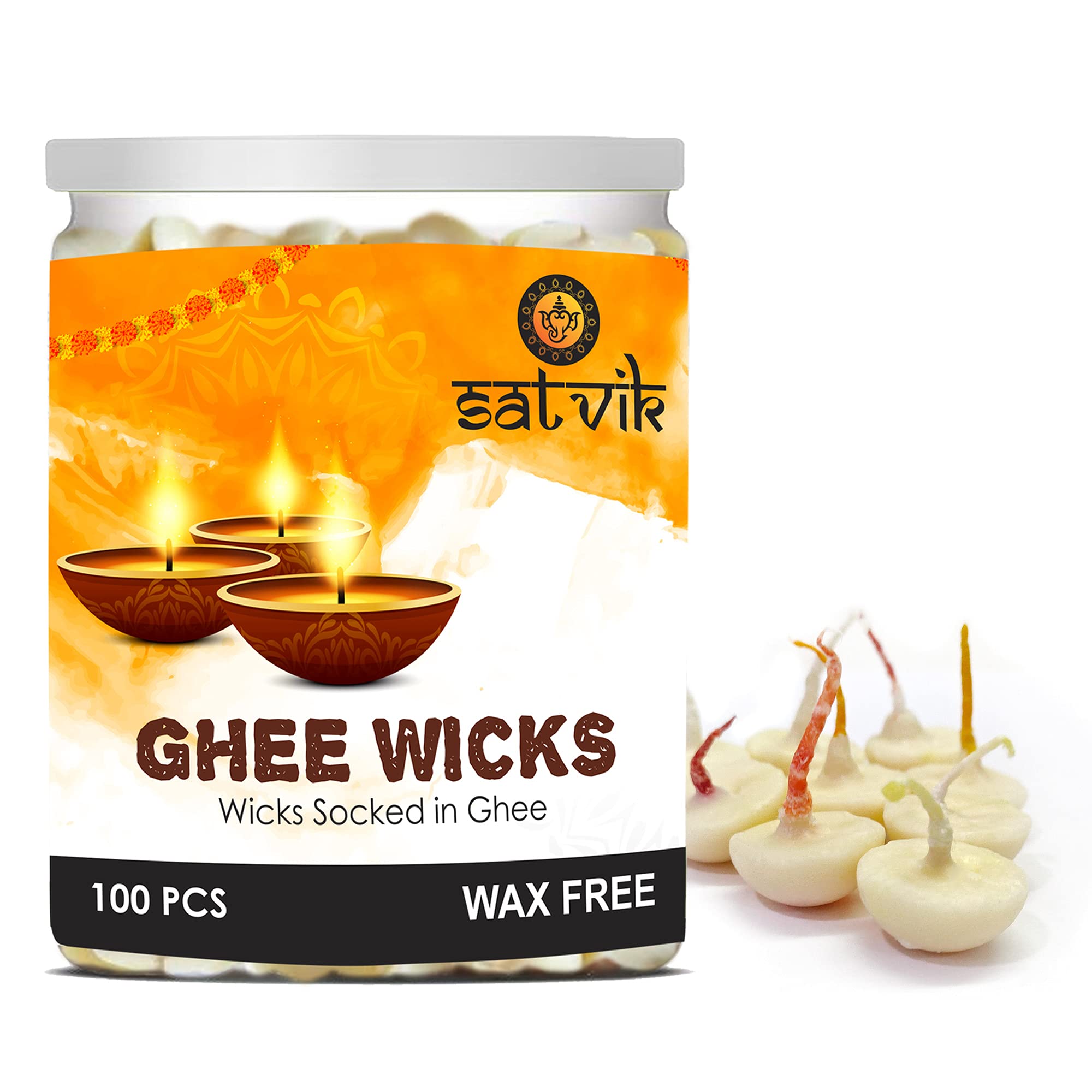 SATVIK 100 Pc Pure Ghee Wicks for Puja (Upto 30 Mins) Pooja Home and Mandir. Nitya Pujan Readymade Ghee Jyot Jyoti Pujan Indian Housewarming Return Gift Items Accessories. Diwali Cotton Wicks