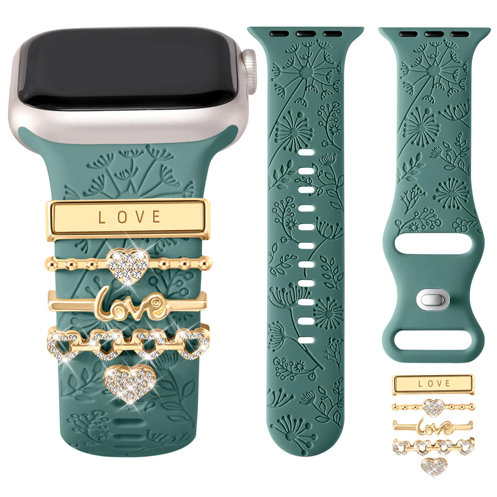 DGege Charm Flower Engraved Bands Compatible with Apple Watch for Women 40mm 38mm 41mm 44mm 42mm 45mm 46mm 49mm,Soft Silicone Decorative Ring Strap for iWatch Series 11/10 9 8 7 6 5 4 3 2 1 SE/Ulta