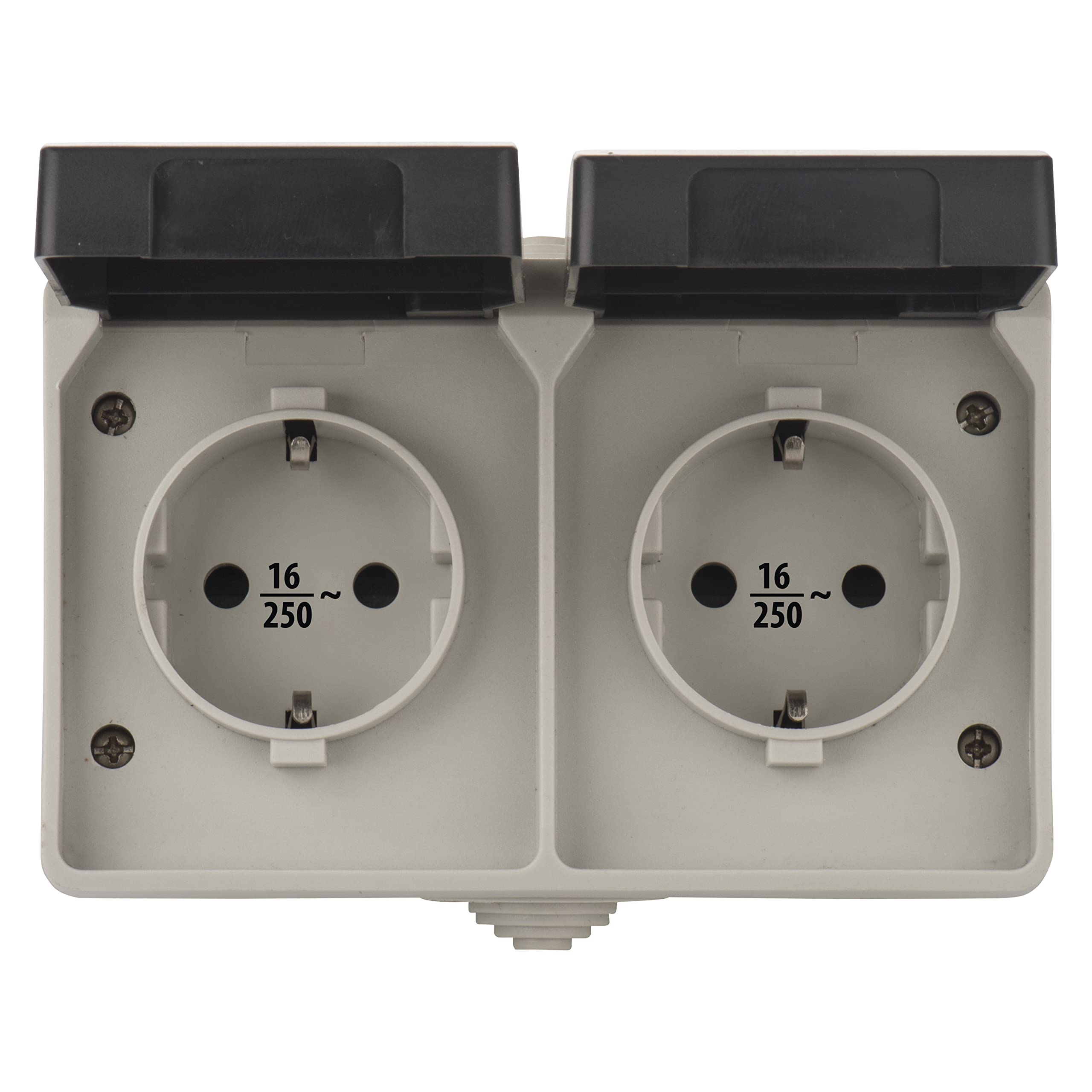 EMOS 2-Way Protective Contact Socket with Hinged Lids, Surface-Mounted for Wall Mounting, Suitable for Wet Rooms and Outdoor Use, 250 V ~ / 16 A Max. Protection Class IP44/IP54, Schuko, Plastic