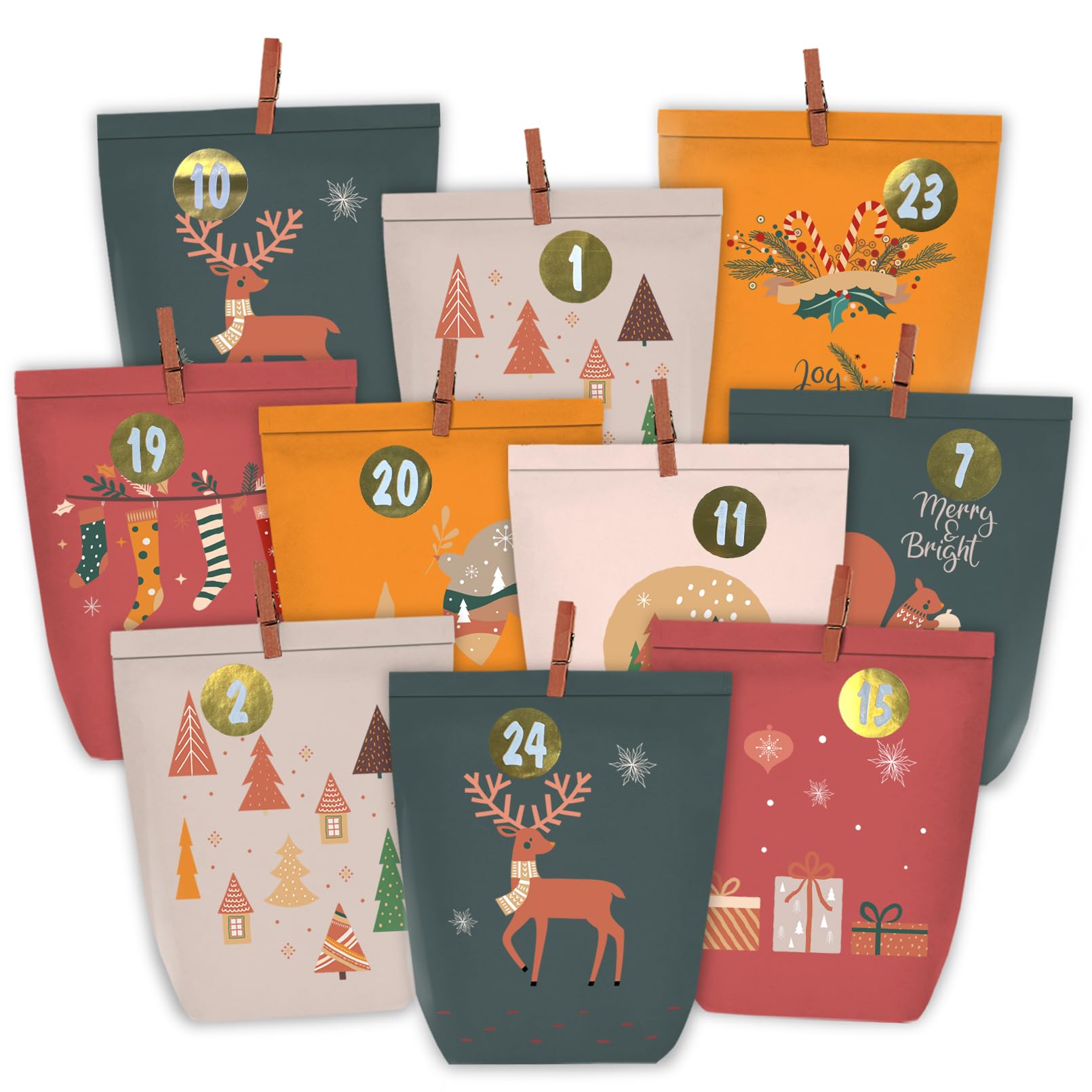 PANSIBY Advent Calendars for Filling, 24 Christmas Adult Calendar Gift Bags for DIY Crafts, Paper Bags with Stickers to Fill Yourself, Kraft Paper Bags Boho Advents Self-Filling
