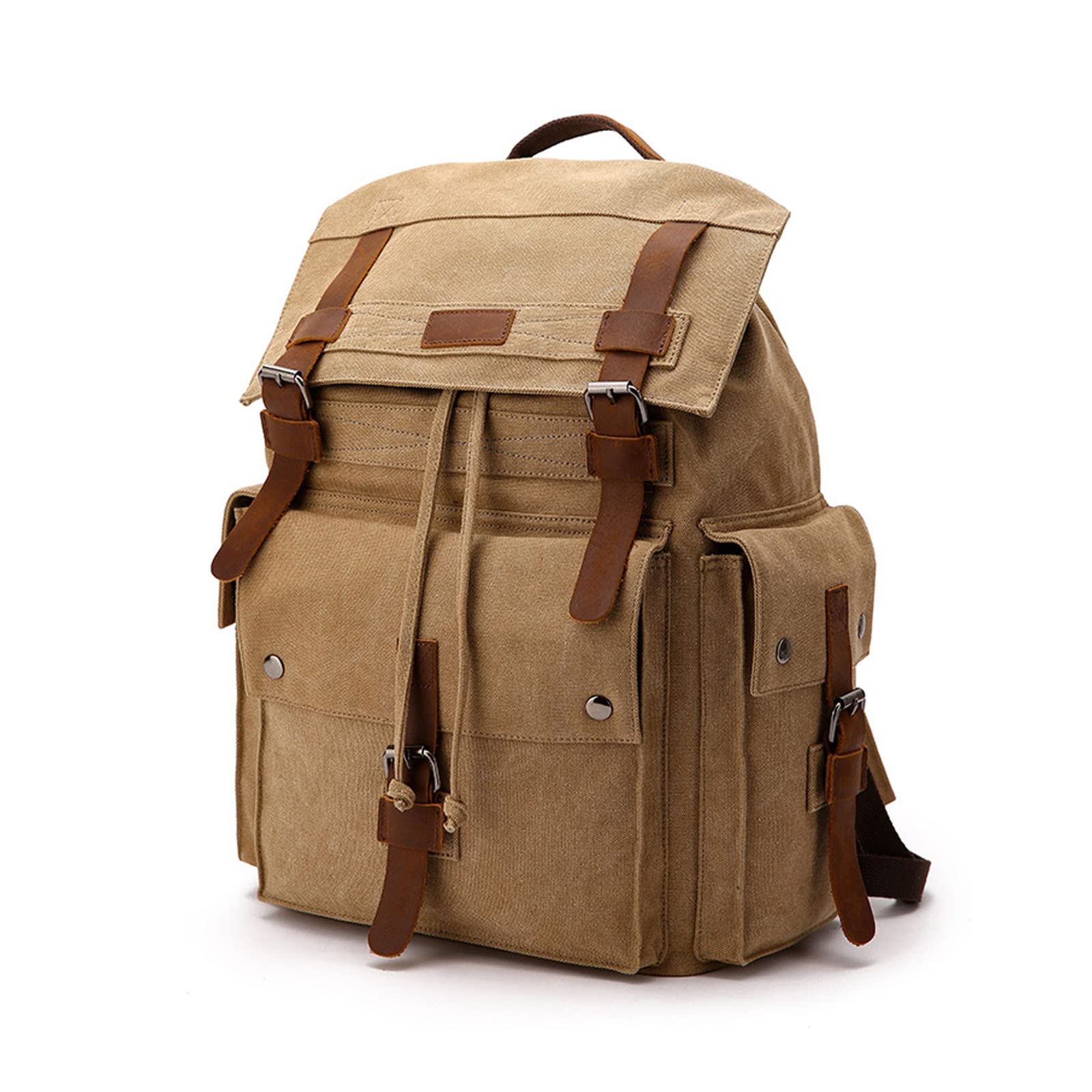FANDARE Outdoor Backpack Leather-Waxed Canvas Hiking Daypacks Women's Backpack Men Canvas Drawstring Laptop Rucksack Casual Daypacks Multipurpose School Bag College Travel Ladies Rucksack Khaki