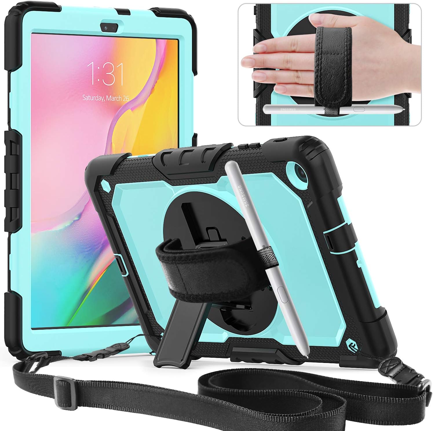 Timecity Case for Samsung Galaxy Tab A 10.1 2019 (SM-T510/ T515), Heavy Duty ShockProof Case with Screen Protector, 360 Rotating Stand, Hand/Shoulder Strap, Pen Holder, Light Blue