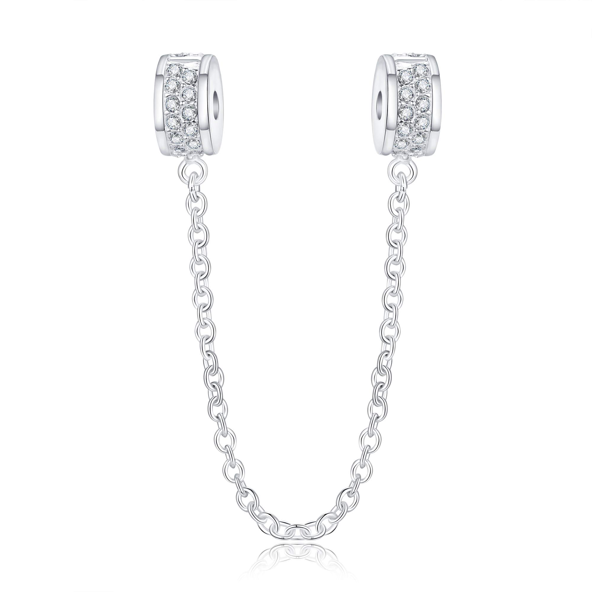 Fantasticharm Clasp Safety Chain with Two Clip Charm Genuine 925 Sterling Silver Clear CZ April Birthstone Beads Fit European Charms Bracelets