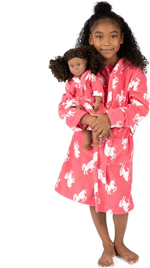 Leveret Kids Robe Matching Doll & Girls Fleece Sleep Robe Bathrobe