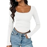 Tankaneo Womens Long Sleeve Shirts Ribbed Knit Fitted Crop Tops Going Out Square Neck Spring Fall Trendy Casual Basic Tees