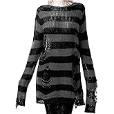 Vinsekep Women's See Through Hole Ripped Striped Long Knit Pullover Dress Sweaters Shirt