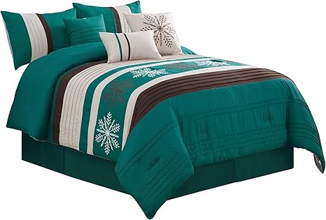 Amazon Com Jaba Wpm Embroidered 7 Piece Bedding Set Holiday Snow Collection Burgundy Or Teal Brown Beige Comforter With Accent Pillows Bed In A Bag 21267 Teal Queen Home Kitchen