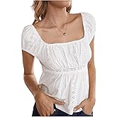 SHENHE Women's Babydoll Top Y2K Empire Waist Short Sleeve Hollow Out Lace Going Out Top Summer Tshirt