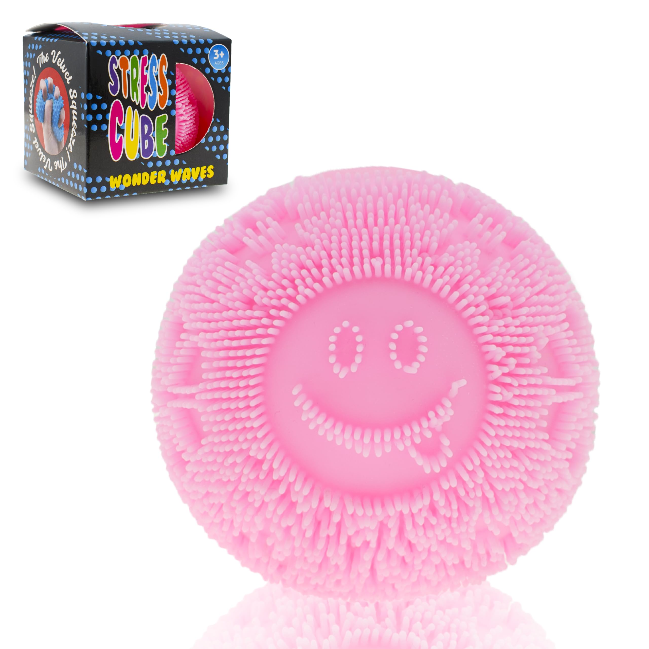 Pink Fuzz Squishy Stress Ball - Velvet Texture and Soft Cloud Squish - Fidget Toy with Smiley Face for Anxiety Relief, Sensory Play for Kids & Adults, Perfect for Office & School