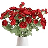 ICBOX Silk Ranunculus Artificial Flowers 5PCS Long Stem Red Fake Peonies 21.65" Real Look Faux Ranunculus Flowers for Floral Arrangements Home Wedding Party Festival Decor (Red)