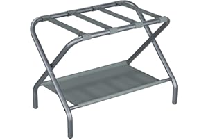 Smuxee Copper Luggage Rack, Foldable Suitcase Stand with Fabric Storage Shelf, Luggage Holder with 4 Nylon Straps for Guest Room Bedroom Hotel