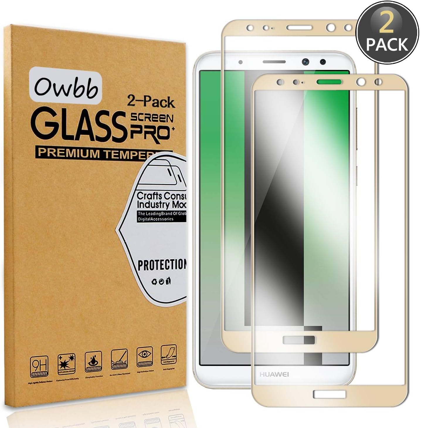 Owbb [2 Pack] Tempered Glass Screen Protector For Huawei Mate 10 Lite Gold Full Coverage Film 99% Hardness High Transparent Explosion-proof