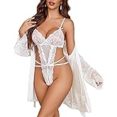 Avidlove Sexy Womens Lingerie Set 2 Piece Lace Teddy with Robe Mesh Bodysuit Nightgown
