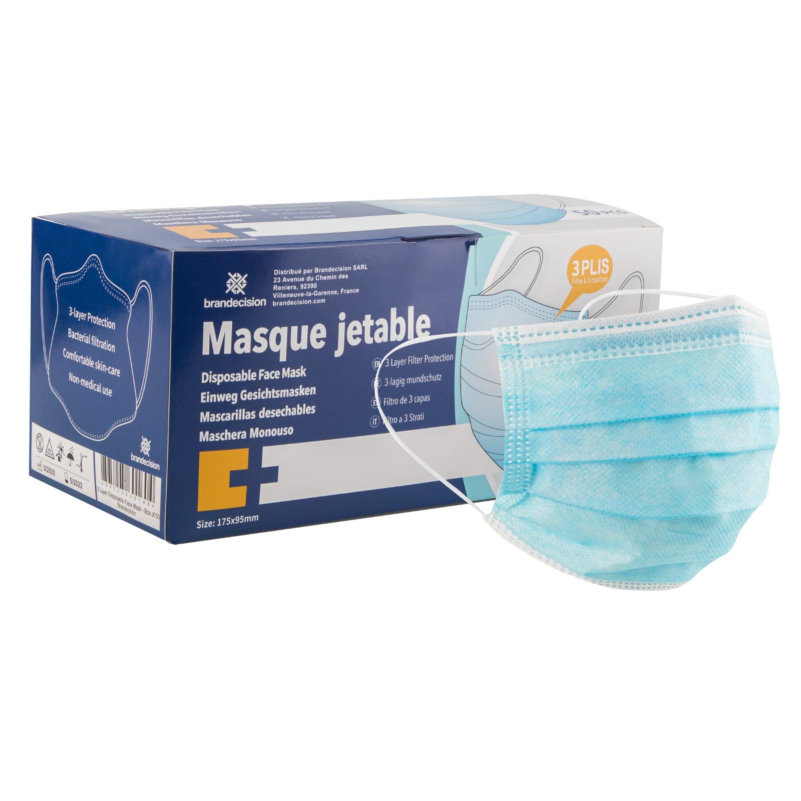 Brandecision, 3-Ply Surgical Mask, Box of 50, European Standards, Disposable and Non-Hygienic