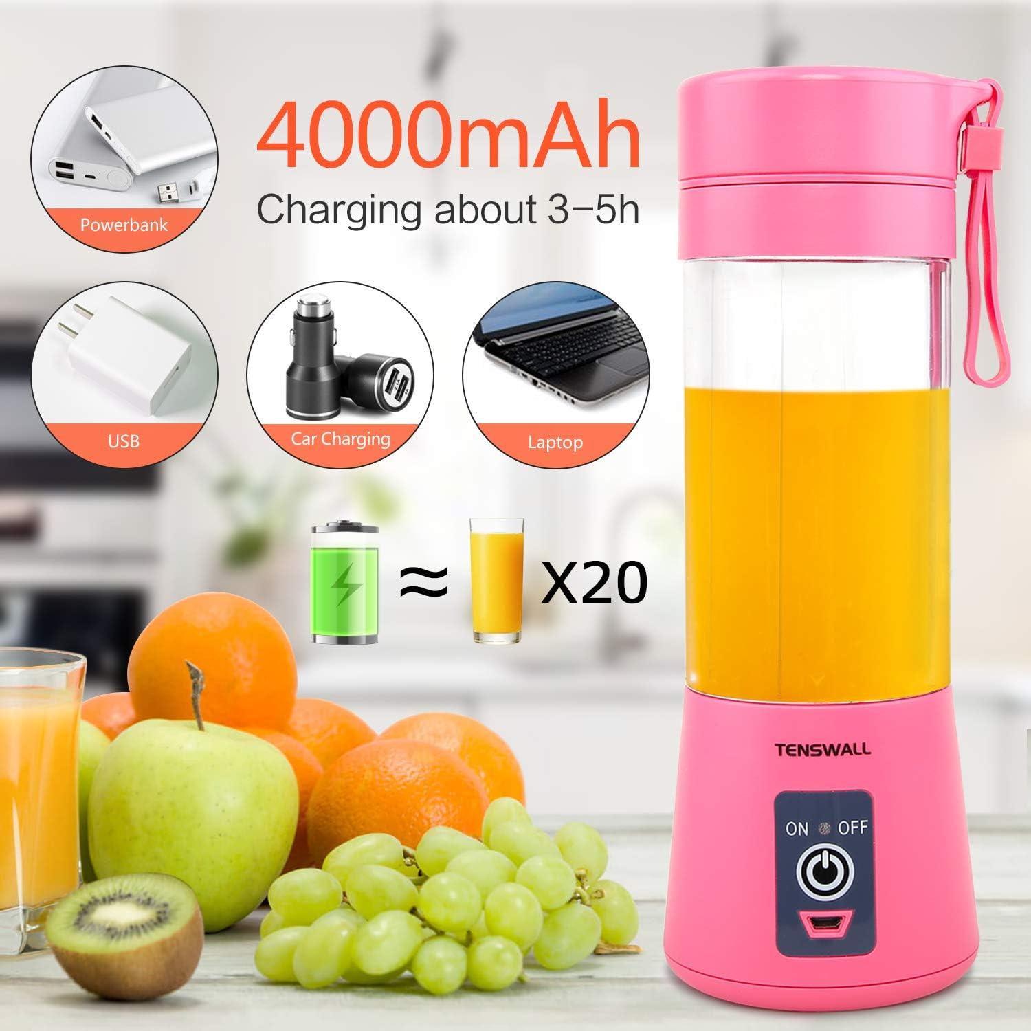 Tenswall Portable, Personal Size Blender Shakes and Smoothies Mini Jucier Cup USB Rechargeabl, pink: Kitchen & Dining