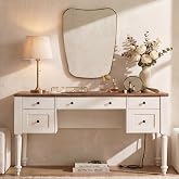 WAMPAT Farmhouse Vanity Desk with 5 Drawers, Off White Makeup Vanity Table | Wood Dressing Table with Charging Station, Storage Cabinet &amp; Open Shelf, No Mirror, Rustic Makeup Desk for Bedroom, 56 Inch
