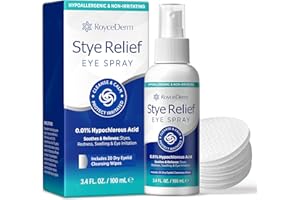 ROYCEDERM Stye Eye Treatment Relief Spray - Hypochlorous Acid Mist for Itchy, Dryness Eyelids & Makeup Removal - Eyelash, Eyelid Cleanser & Around Eye Wash Care with Natural Ingredients, Cotton Pads, Kids Safe
