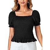LYANER Women's Ruffle Peplum Smock Gingham Crop Top Square Neck Puff Short Sleeve Blouse Shirt