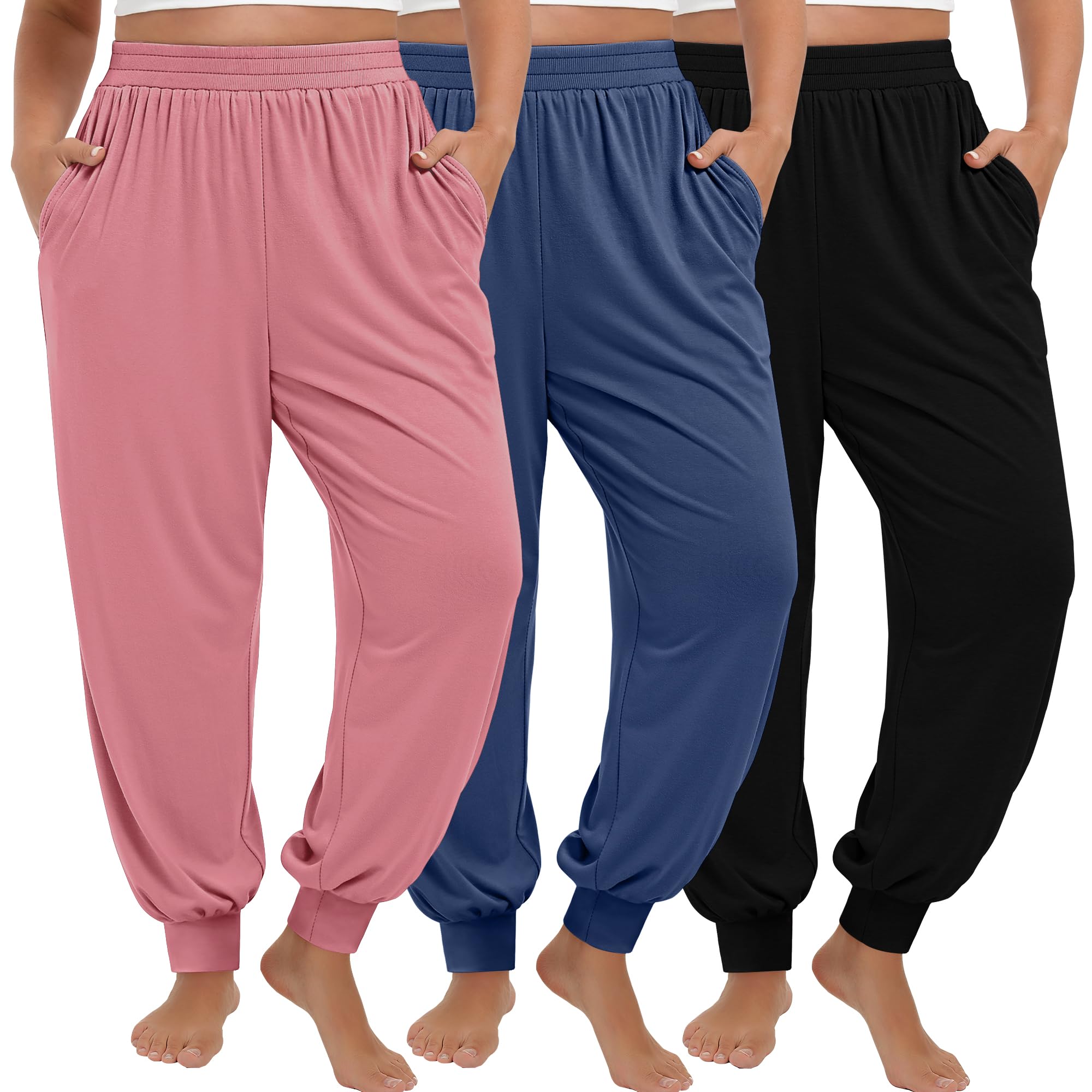 Photo 1 of Evervibe 3 Pack Women's Plus Size Yoga Joggers, Comfy High Waisted Lounge Pants Loose Casual Sweatpants Pajama with Pockets(Peach Pink, Blue, Black,3X-Large)
