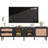 Merax Rattan TV Stand with LED Lights for TVs Up to 80" | 70" Entertainment Center with 3 Cabinets &amp; 2 Drawers, Media Console Table with Solid Wood Feet for Living Room, Bedroom