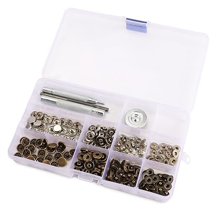 50 Set 10mm Metall Druckknöpfe Silber Altgold & 4tlg Werkzeug Locheisen Handschlageisen nähfrei Leder Kunstleder mit Aufbewah