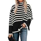 ZESICA Women's Winter Sweaters Casual Turtleneck Long Sleeve Striped Side Slit Loose Pullover Sweater Jumper Tops