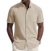 PJ PAUL JONES Mens Button Down Shirt Linen Short Sleeve Dress Shirts for Men Beach Summer Wedding Untucked Shirt