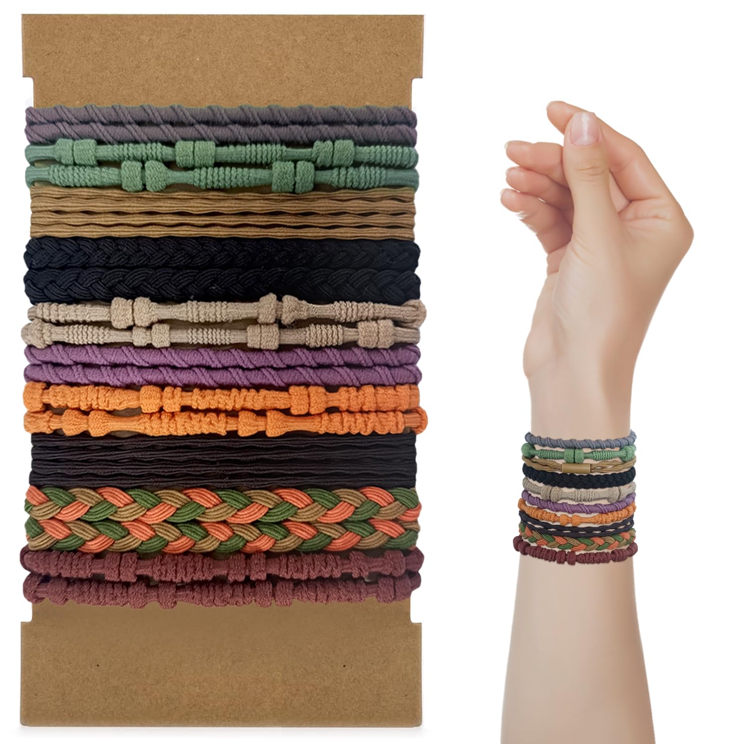 20 Pcs Hair Ties, Boho Ponytail Holders Elastics Hair Ties No Damage Dark Hair Tie Bracelets for Women Girls Men Thick/Medium/Long Hair (4 Styles, 10 Colors)