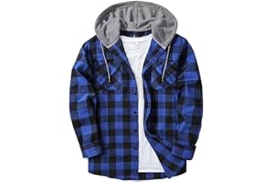 WHLBF Men's Flannel Hoodie Shirts Button Down Plaid Hoodie Lightweight Fall Plaid Shirt Jackets Fashion Hooded with Pocket
