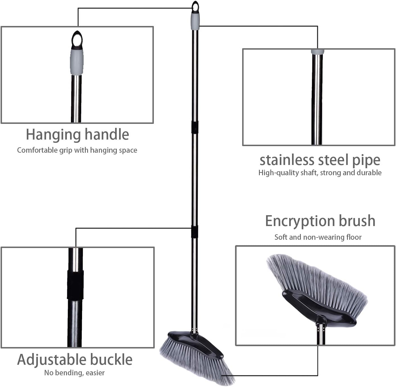 Angle Broom with Adjustable Stainless Steel Handle, PET Fine Long Broom Bristles, Heavy Duty Floor Sweeper, Great Use for Home Kitchen Room Office, 1 Pack: Health & Personal Care