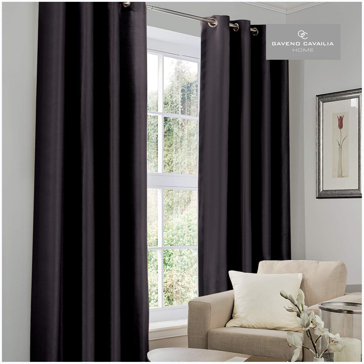 Gaveno Cavailia Luxury Thermal Fully Lined Pair of Eyelet BLACK OUT CURTAINS Black 90x90 Inches