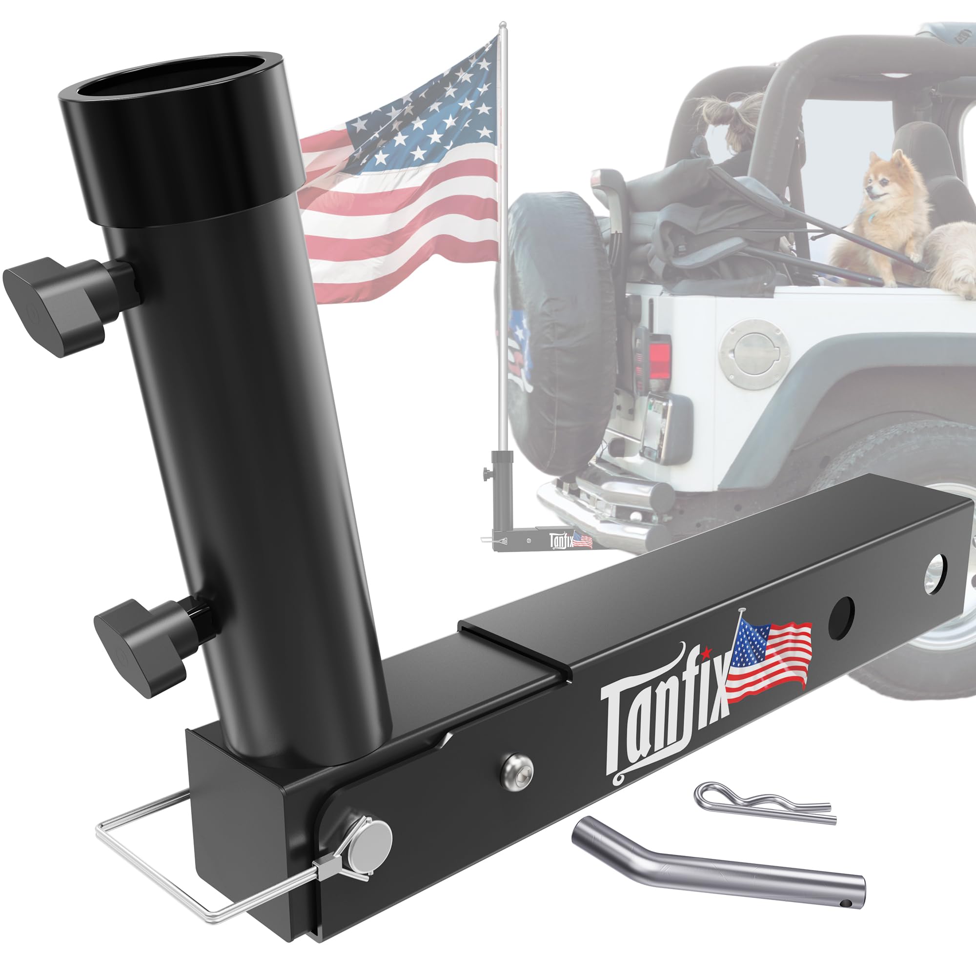 Photo 1 of Tanfix Foldable Hitch Mount Flagpole Holder | All Metal Heavy- Duty, Fits Standard 2" Trailer Hitch, Compatible with Jeep, Truck, SUV, RV, Pickup, Camper Trailer (ONE Flagpole)