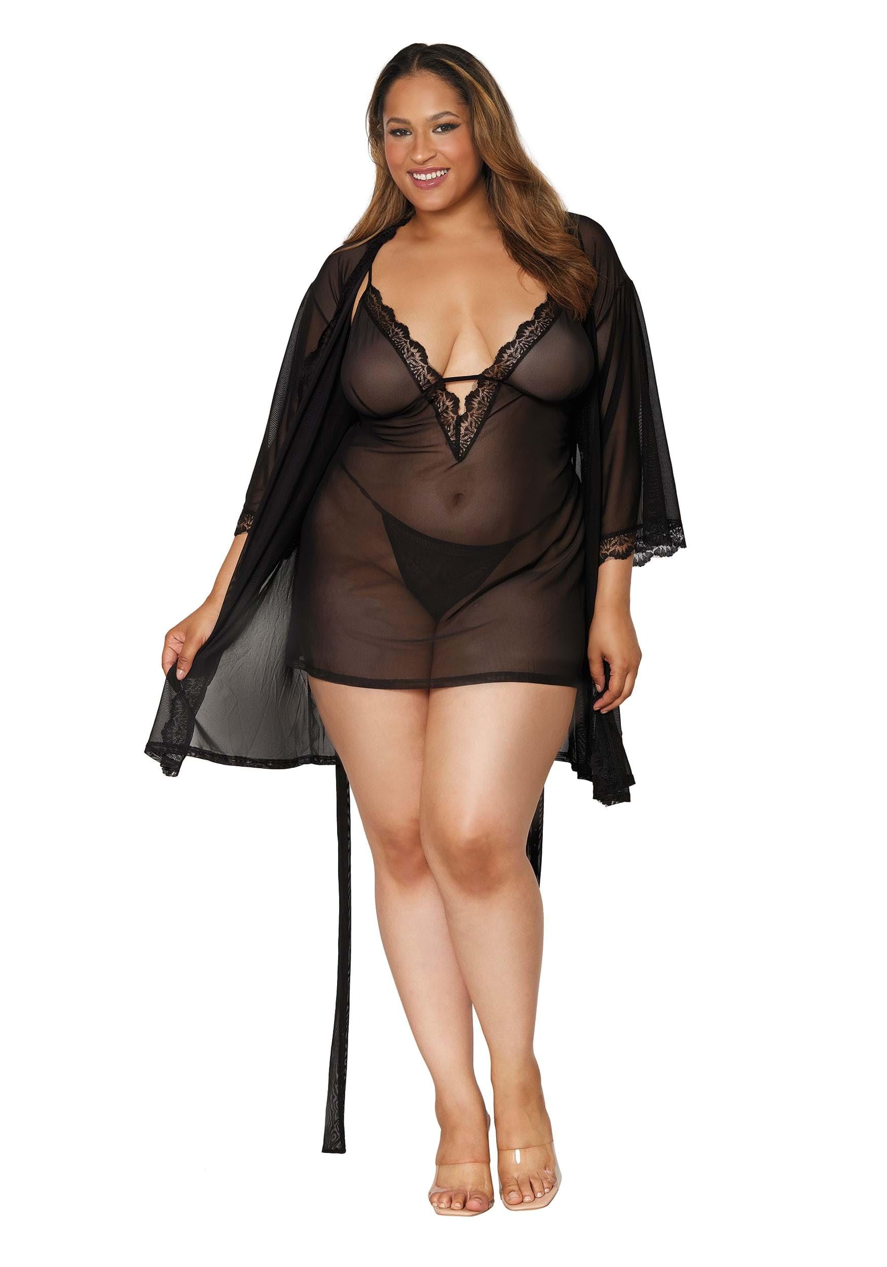 Dreamgirl 2X Plus Size Stretch Mesh Chemise & Robe Set with Scalloped Lace Trim Black