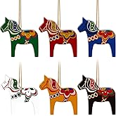 Dala Horse Swedish Christmas Decorations 6 PCS Double-Sided Wooden Dala Horse Ornament for Home Christmas Tree,Table,Wall, Party Gift