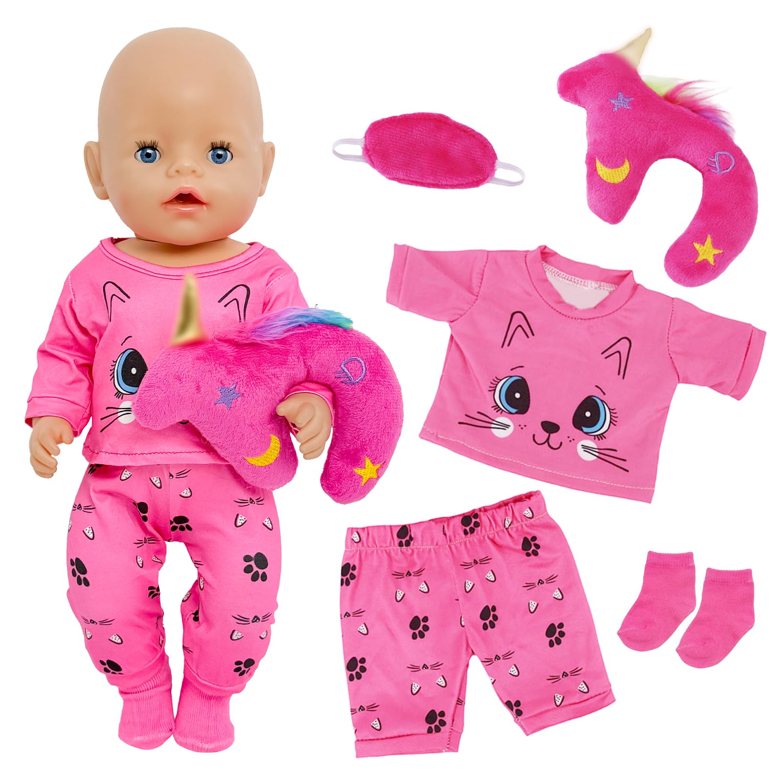 5 Pcs Baby Doll Clothes for 14-18 Inch Dolls, Cute Cat Cartoon Doll Outfits with Top, Pants, Pony Pillow, Eye Mask, Socks, 35-45cm Sweet Doll Clothes and Accessories Gift for Girls
