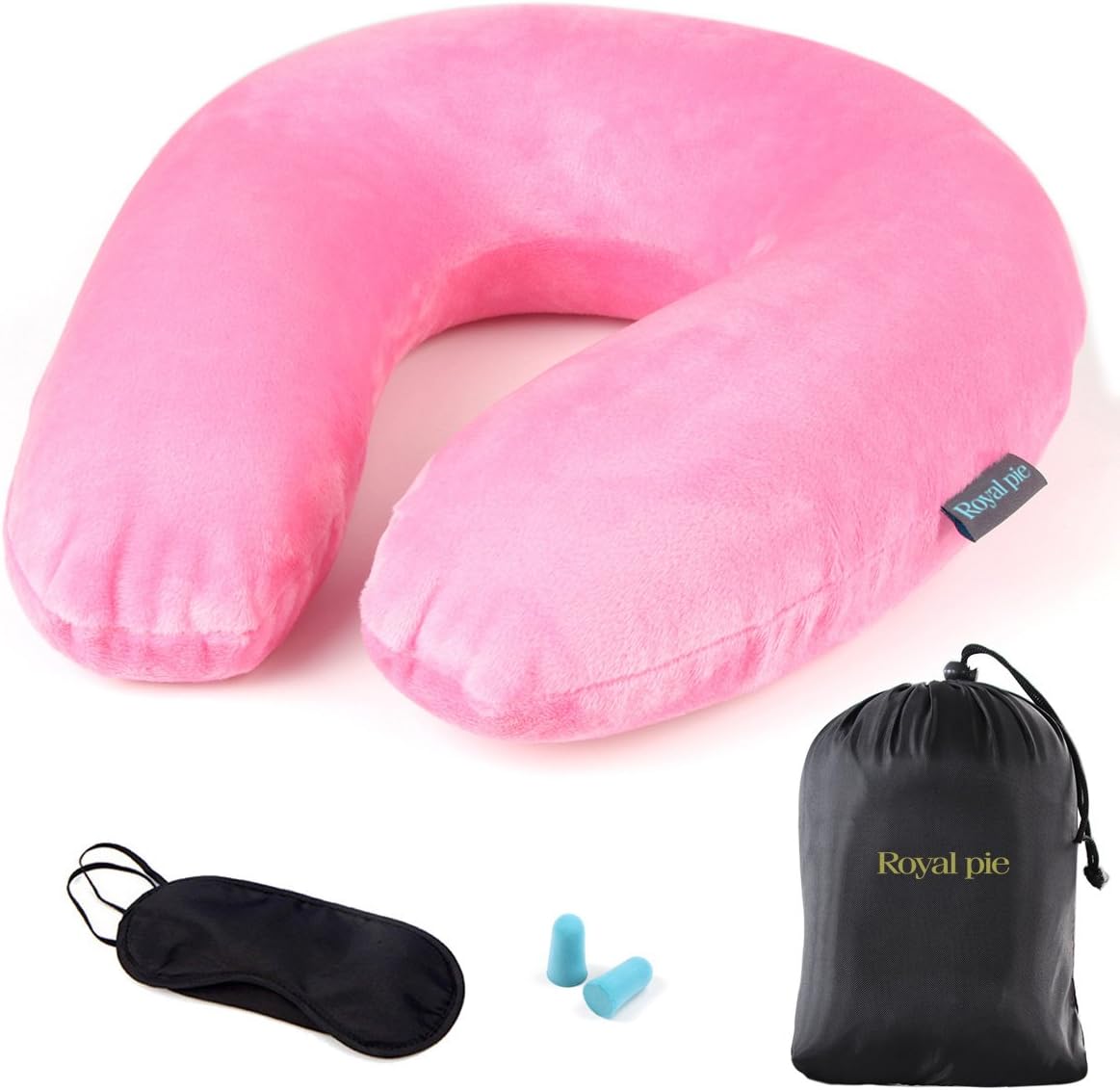 RoyalPie Travel Pillow - Memory Foam, Neck & Chin Support - Soft Velour Cover - Airplane Neck Pillow with EarPlugs, Eye Mask, and Drawstring Bag (Pink)