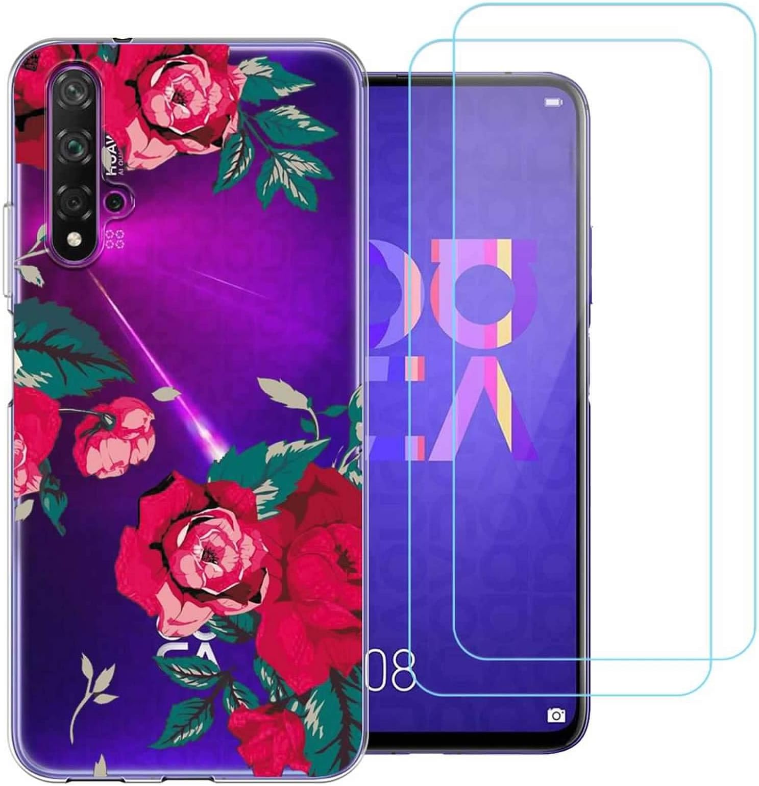 Case for Huawei Nova 5T / Honor 20,Rose 209 clear Soft Silicone Transparent TPU Protective Case Cover for Huawei Nova 5T / Honor 20 with TWO Tempered Glass Screen Protector Film