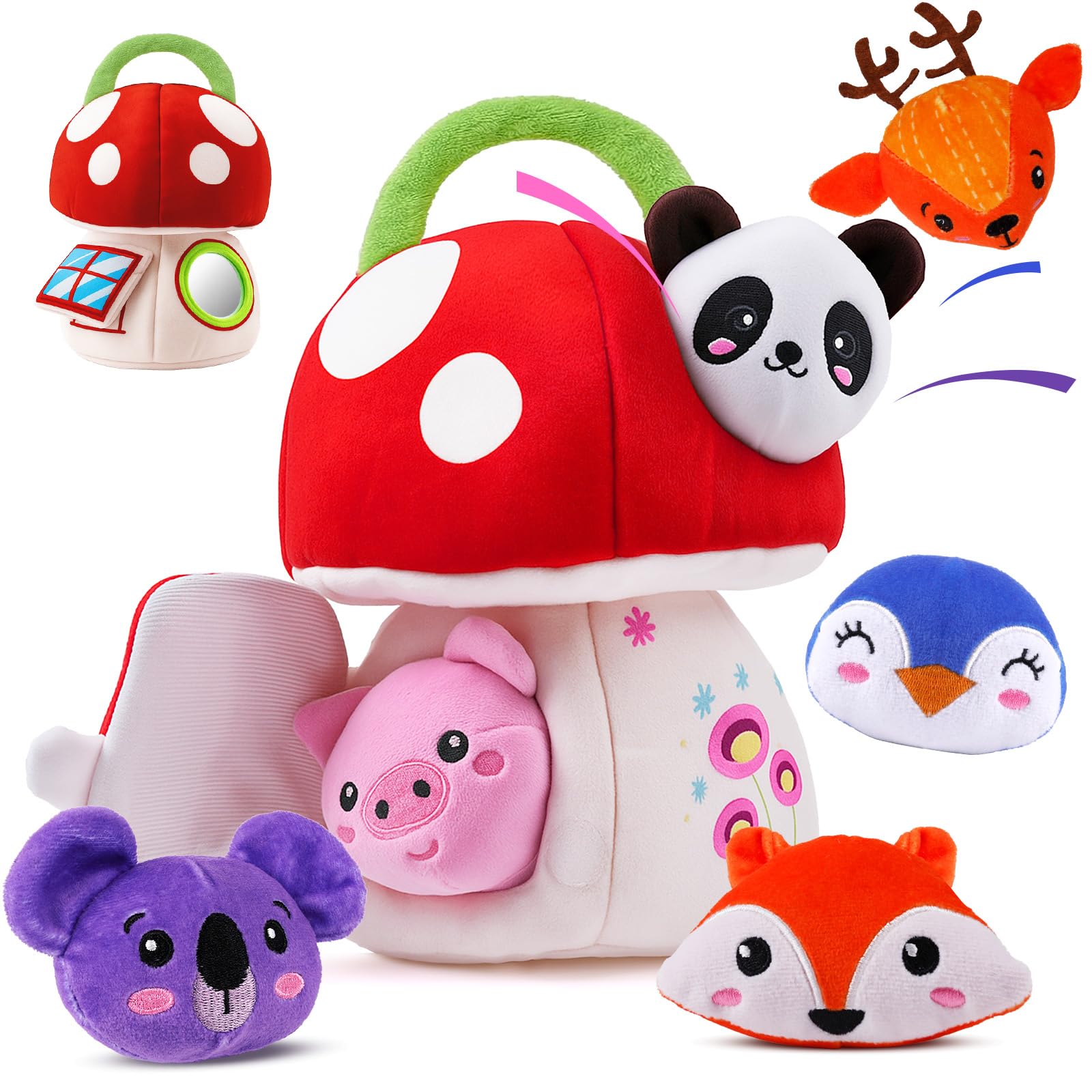 Shayson Baby Toys 0-6 Months, Soft Mushroom House with 6 Animals(Rattle, Crinkle Paper, Mirror), Busy Montessori Sensory Toys for Babies, Early Learning Gifts for 1 2 Year Old Boys Girls