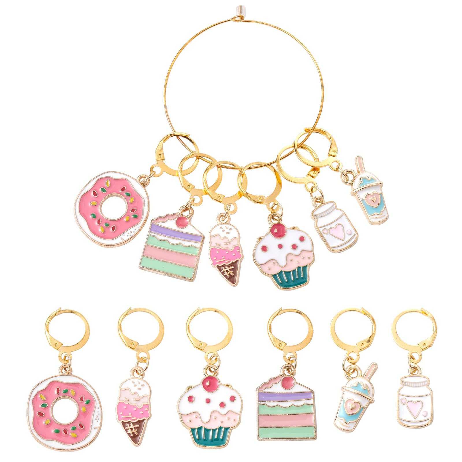 Stiesy 1Set 6 Styles Enamel Dessert Charms Key Chains Cute Stitch Marker Charms Pink Donut Cake Charms for Keychain Jewellry Making Crocheting Knitting Crafting