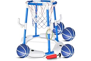 Vdamu Pool Basketball Hoop, 2-in-1 Floating Basketball Pool Toys & Ring Toss Game, Summer Swimming Pool Game with 4 Balls and Pump, Outdoor Pool Party Toys, Water Basketball for Kids Adults Age 3-12