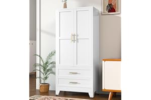 pozdeg Metal Armoire Wardrobe Closet, 71 "Tall Clothing Storage Cabinet with Hanging Rods and 2 Drawers, Household Closet Organizers with Adjustable Shelves for Home Office or Gym (Armoire-White)