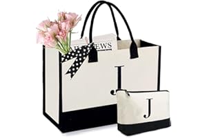 BeeGreen Personalize Gift Bag for Women Initial Canvas Tote Bag w Makeup Bag