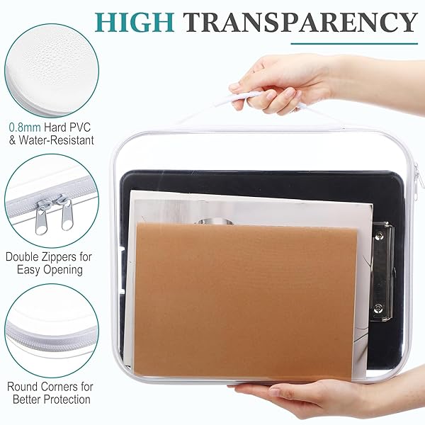 SANWUTA 4 PCS CLEAR HARD ZIPPER CASE WITH HANDLE OFFICE STORAGE CASES HARD PLASTIC POUCHES TRANSPARENT BINS FOR CRAFTS, SNACKS, COSMETICS, PUZZLES(13.8 X 11.8 X 2 INCHES,WHITE)