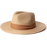 DRESHOW Women Straw Panama Hat Travel Fedora Beach Sun Hat Summer Wide Brim Straw Roll up Hat UPF 50+