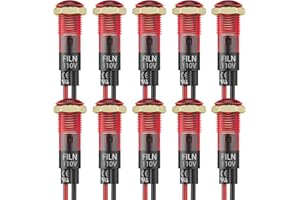FILN 10PCS Small 110V LED Indicator Light, 8mm (5/16") IP67 Waterproof Low Power Pilot Lights Panel Mount for Car, Truck, Boat, Dash(10PCS Red)