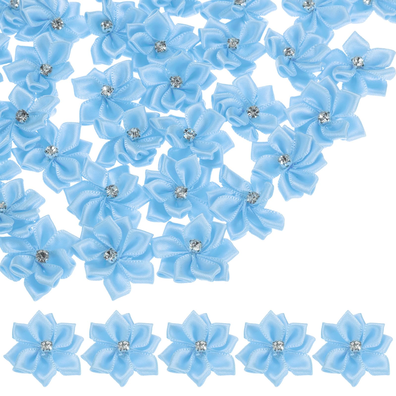 M METERXITY 150-pack Satin Ribbon Flowers, 1.2 Inch Mini Fabric Flowers with Rhinestones Flower Ribbon Appliques for Crafts DIY/Wedding/Ornament/Party/Home [Light Blue]
